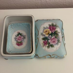 Blue Floral Porcelain Trinket Box with Gold Accents